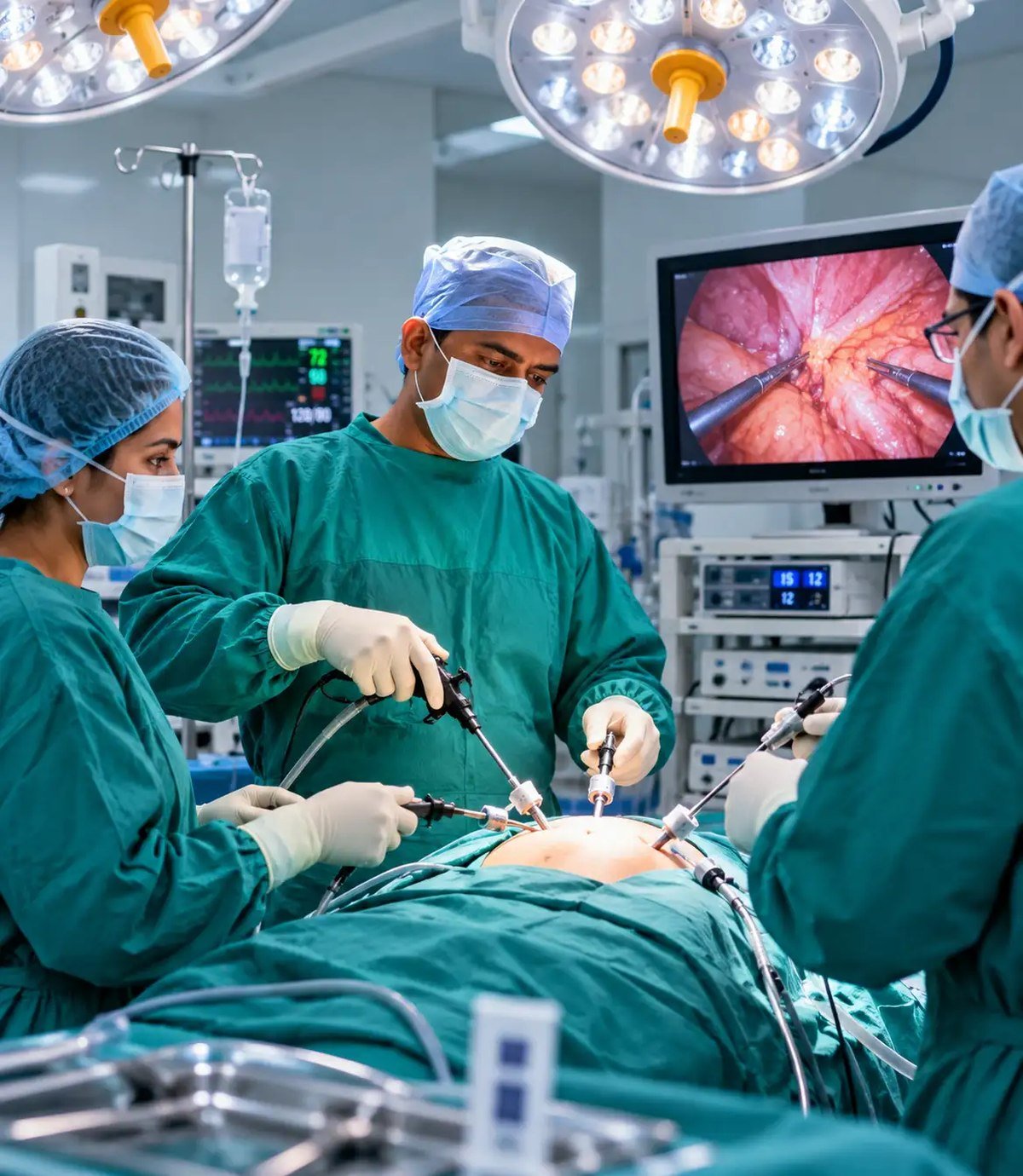 Surgical team performing laparoscopic surgery at N.I.C.E Hospital, Dehradun