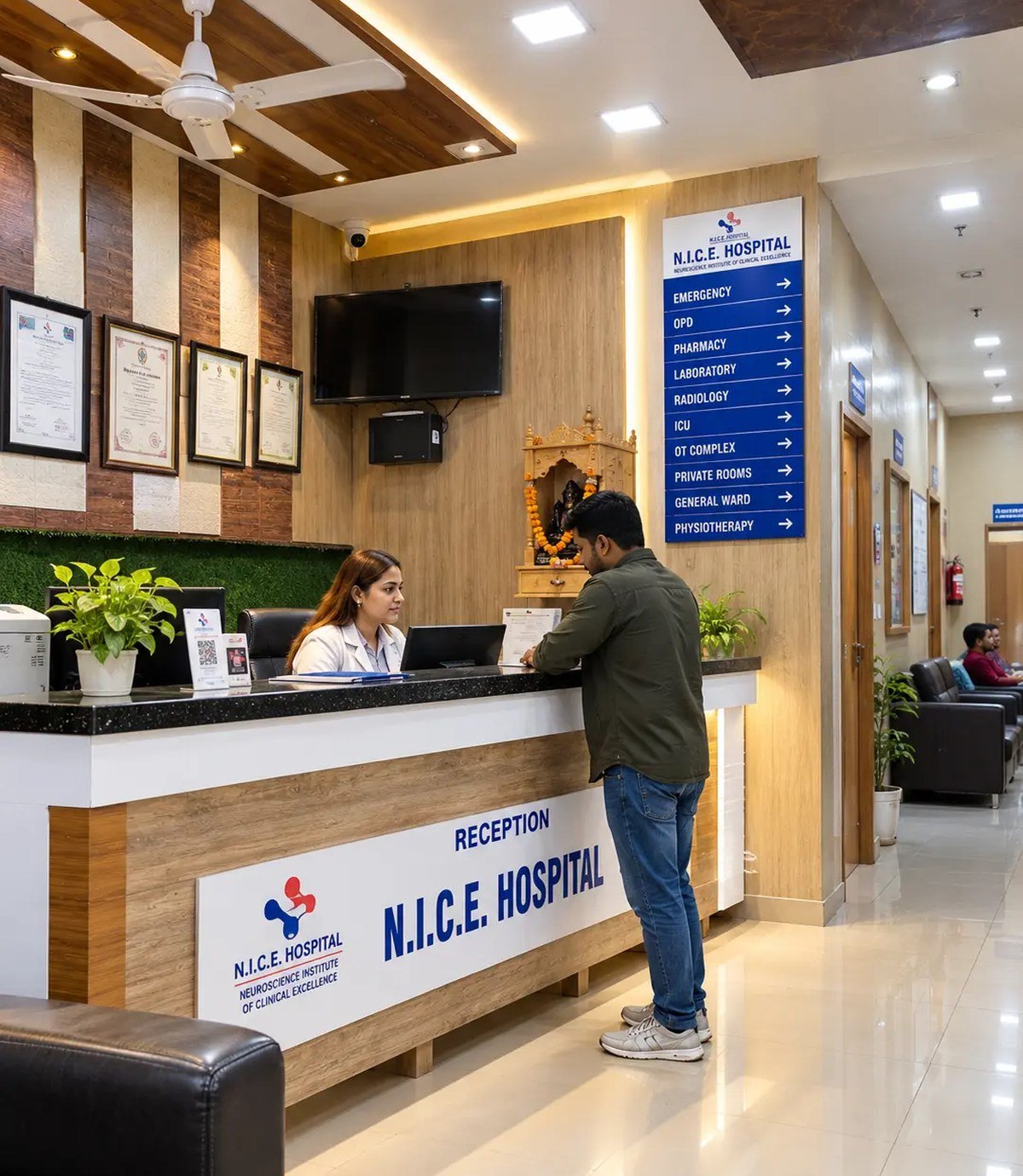 Patient assistance and reception desk at N.I.C.E Hospital, Dehradun