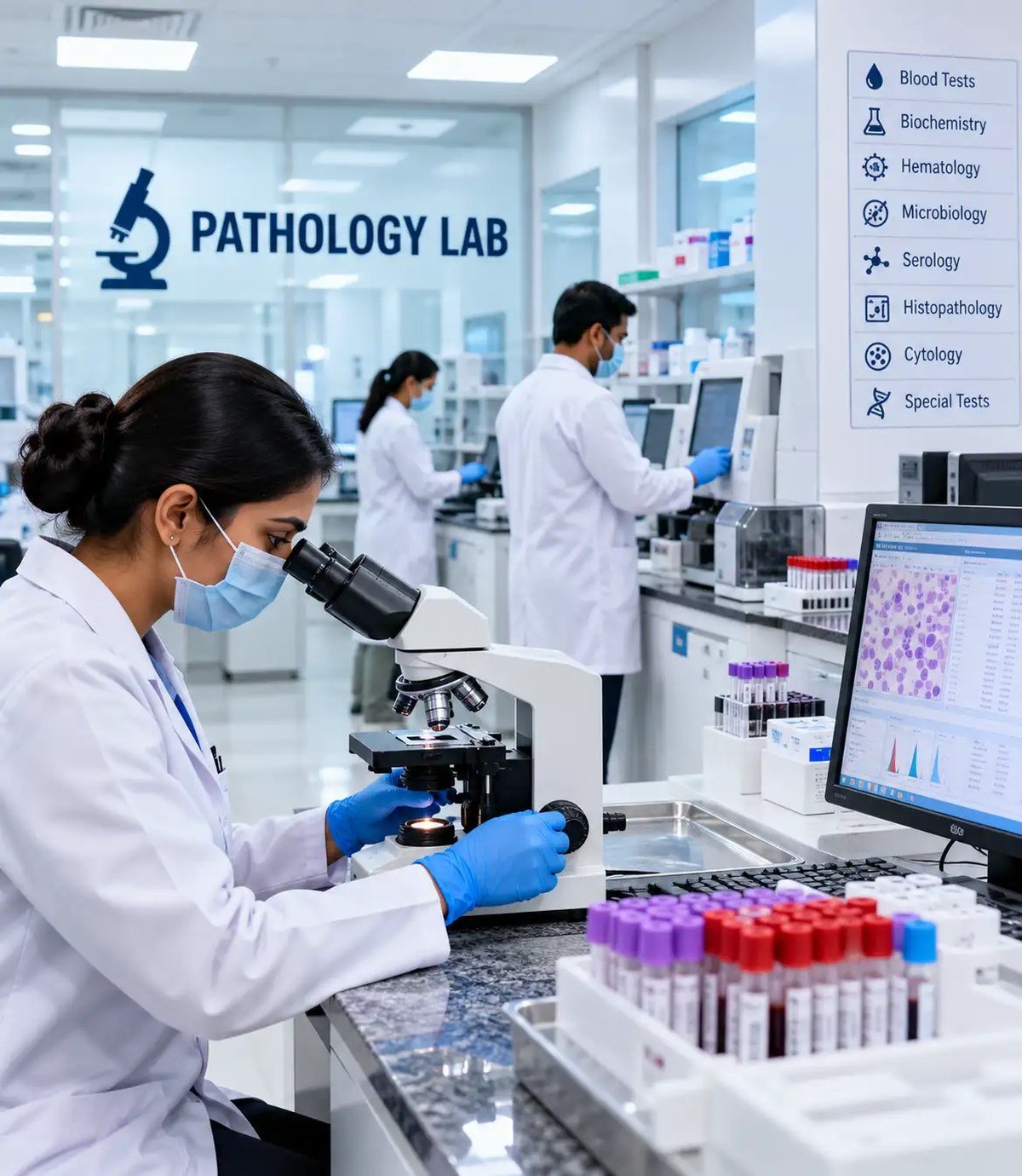 Pathologist examining a sample under a microscope at Dr Awasthi Path Lab, Dehradun