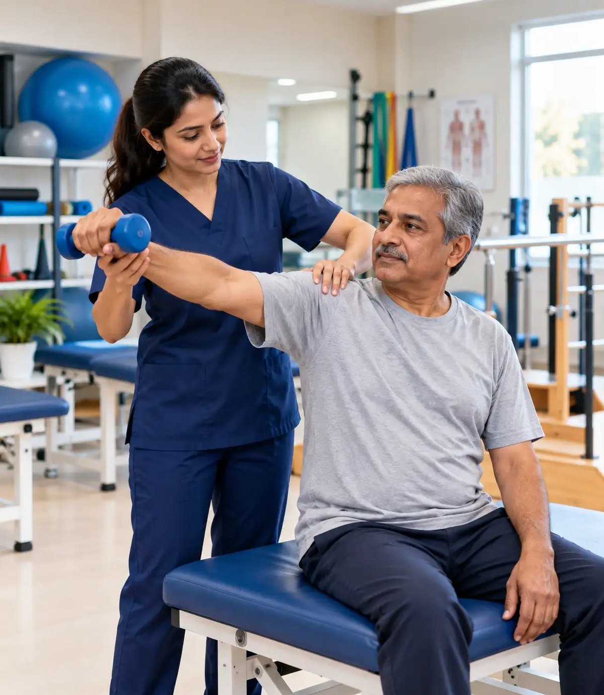 Physiotherapist guiding a patient through shoulder rehabilitation at N.I.C.E Hospital, Dehradun